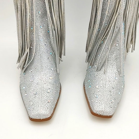 Women's Silver Fringe Rhinestone Cowboy Boots Silver 7 - Picture 2 of 16